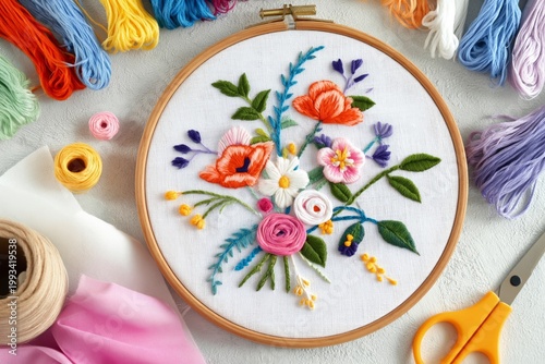 Colorful Flower Embroidery With Threads and Scissors on a White Background
