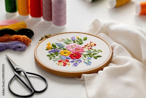 Embroidery Project With Colorful Threads on a Circular Frame in a Craft Space