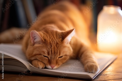 Cat Sleeps on Open Book Near Warm Light at Home During Evening