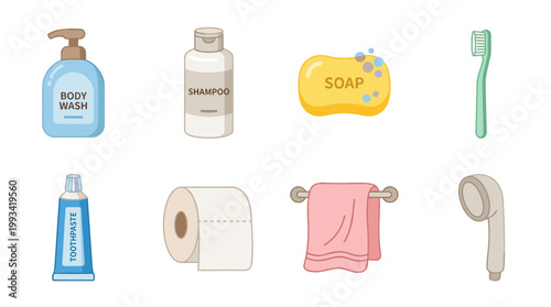 Personal Hygiene and Bathroom Supplies Icons Set, Body Wash, Shampoo, Soap, Toothbrush, Toothpaste, Toilet Paper, Towel and Shower Head Vector Symbols