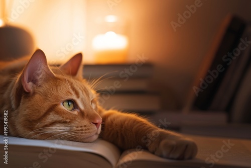 Cat Sleeps on Open Book Near Warm Light at Home During Evening