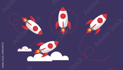 Cartoon Space Rocket Launching Set with Different Flight Paths and Smoke Clouds, Outer Space Exploration and Startup Success Concept Vector Illustration
