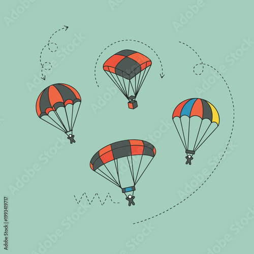 Set of Skydivers and Parachutists Floating in Sky with Parachutes, Extreme Sport Adventure, Outdoor Activity, Skydiving Experience Vector Illustration