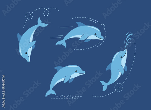 Playful Blue Dolphins Jumping and Swimming in Sea, Ocean Marine Life Animals Set, Aquatic Mammal Motion and Water Spray Flat Vector Illustration