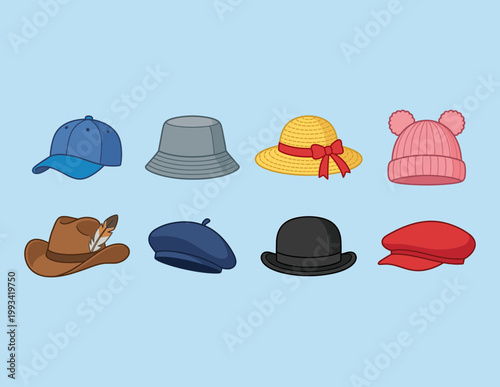 Variety of Fashion Hats and Headwear Icons Set, Baseball Cap Beanie Straw Hat Beret and Cowboy Hat, Unisex Clothing Accessories Vector Illustration