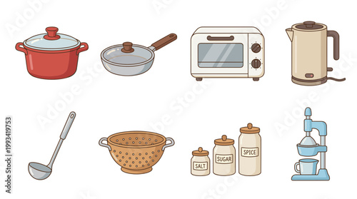 Kitchen Cookware and Home Appliances Collection, Pot Pan Oven Kettle Ladle Colander and Spice Jars, Cooking Equipment Tools Vector Illustration