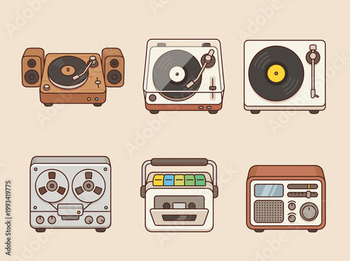 Vintage Audio Equipment Collection Including Record Player, Turntable, Reel to Reel Tape, Cassette Deck and Radio Tuner Vector Retro Device Set