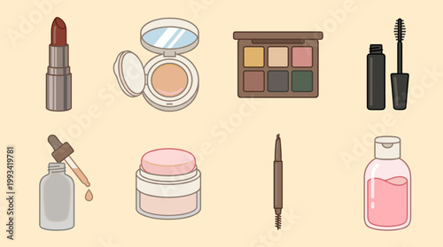 Beauty Makeup and Skincare Cosmetic Product Set with Lipstick, Foundation, Eyeshadow Palette, Mascara, Serum, Face Powder and Cleansing Liquid