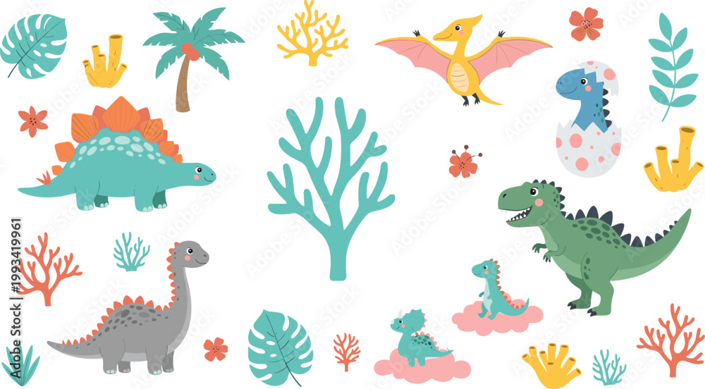 Obraz premium Cute Dinosaur Cartoon Set with Baby T Rex Stegosaurus Pterodactyl and Prehistoric Plants for Kids Illustration and Nursery Design.