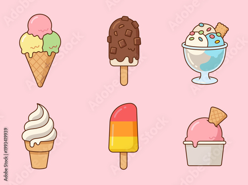 Delicious Ice Cream Varieties Set Including Soft Serve Cone, Chocolate Bar on Stick, Fruit Popsicle and Sundae Bowl with Toppings Vector Art