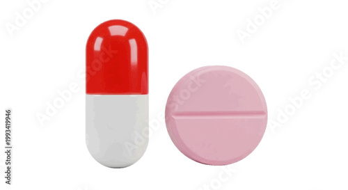 Vector illustration of red and white capsule and a round pink tablet on a transparent background