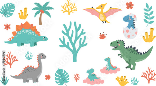 Cute Dinosaur Cartoon Set with Baby T Rex Stegosaurus Pterodactyl and Prehistoric Plants for Kids Illustration and Nursery Design.