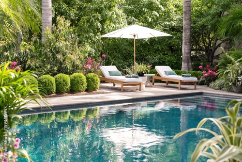 Lounge Chairs by the Swimming Pool in a Garden During a Sunny Day