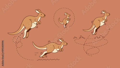 Active Kangaroo Family Jumping and Hopping with Motion Trails for Australian Wildlife Nature and Animal Movement Concept Vector Illustration