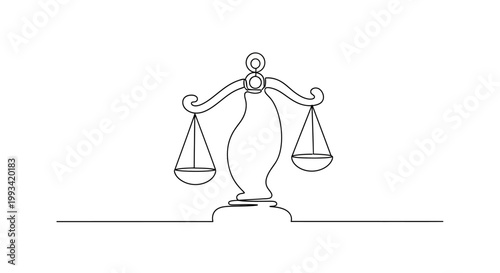 Scales of Justice, Law Symbol, Balance and Fairness, Continuous Line Drawing Art