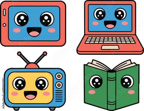 Cute kawaii electronic devices with faces tablet laptop TV book cartoon set 2x2 grid colorful flat vector illustration design