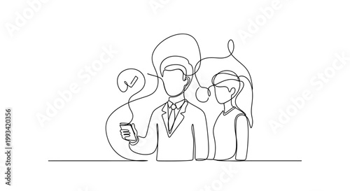 Business Meeting Concept: Two People Discussing Ideas with Mobile Phone and Checkmark Icon