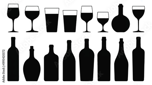 An illustration of various wine glasses and bottles on a table indoors