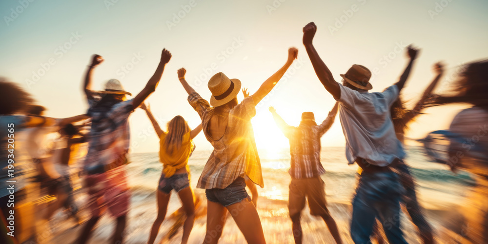 Fototapeta premium Joyful Friends Celebrating Freedom at Sunset Beach Party