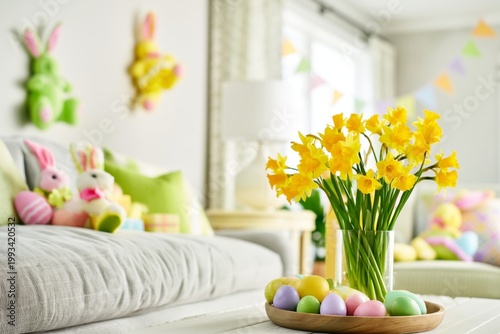 Spring Celebration With Flowers and Decorated Eggs in a Living Room Setting