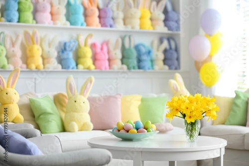 Colorful Room Decorated for a Spring Celebration With Stuffed Bunnies and Flo...