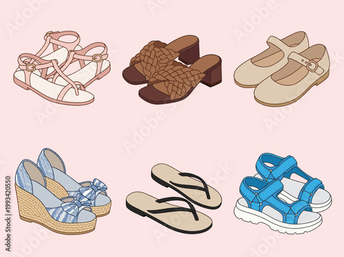 Fashionable Summer Shoes and Sandals Collection Including Wedges, Flip Flops and Strappy Footwear for Women Lifestyle and Clothing Store Graphic Design