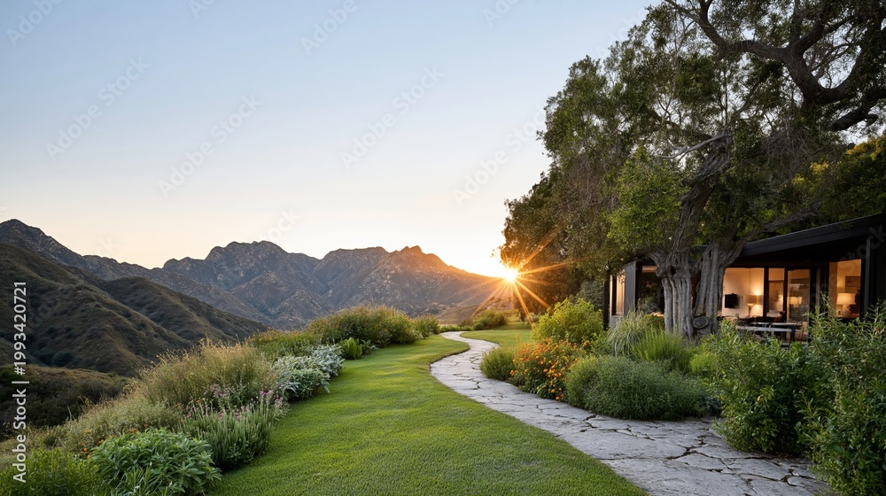 Obraz premium Scenic view of a landscaped garden with a stone pathway leading to a modern house, surrounded by mountains and a sunset in the background
