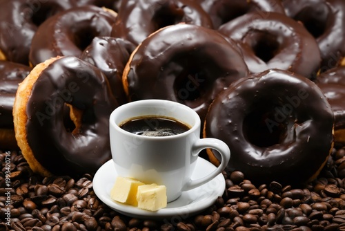 Fresh Coffee and Chocolate Covered Donuts Sit on a Table Filled With Coffee B...