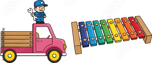 Cartoon mechanic driving pickup truck and colorful xylophone musical instrument illustration, kids education and transportation themed vector design isolated set