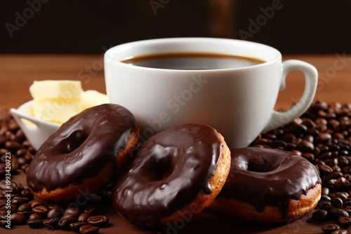 Enjoying Coffee and Chocolate Donuts With Butter on Wooden Table