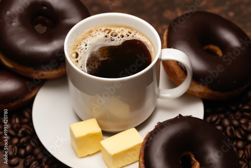 Enjoying Coffee and Chocolate Donuts With Butter on Wooden Table