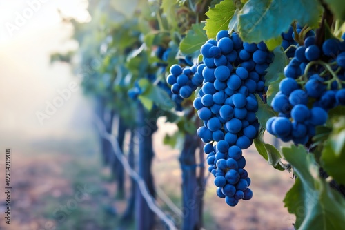 Grapes Hang on a Vine in a Vineyard During Early Morning Light in a Rural Area