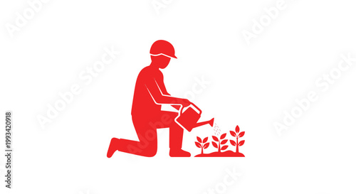 Person Watering Plants with Can Kneeling.