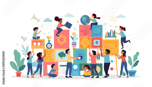 This cheerful illustration depicts a woman caring for a lush indoor plant, suggesting themes of growth, wellbeing, and a connection to nature. Ideal f