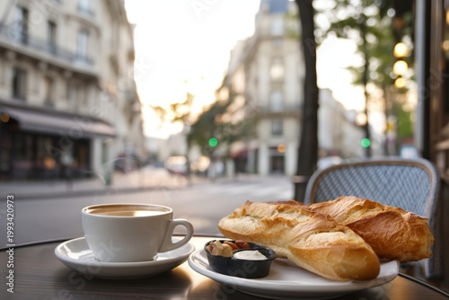 Enjoying Coffee and Bread at a Cafe in Paris During the Early Morning Hours W...