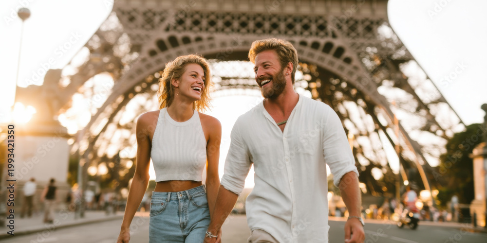 Fototapeta premium Romantic Couple Enjoying Golden Hour Paris Vacation