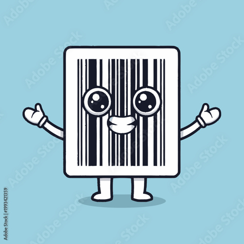 Cute cartoon barcode character with happy face and arms raised.