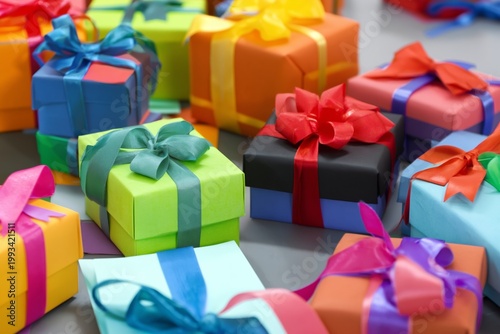 Gifts Arranged in Colorful Wrapping With Bows on a Table for a Celebration or...