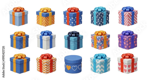 Vector illustration of collection of various colorful gift boxes on a transparent background