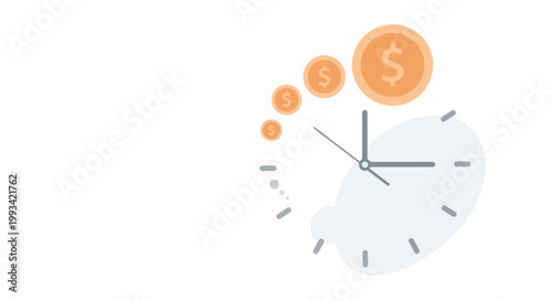Minimalist Clock with Falling Dollar Coins and Time Concept