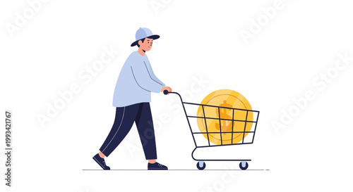 Person Shopping with Large Gold Coin in Shopping Cart