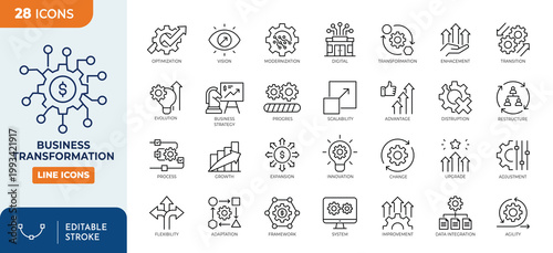 Business Transformation icon set. Contain icons related to Business, transformation, innovation, strategy, growth, optimization, process, and more. Editable stroke. Vector illustration.