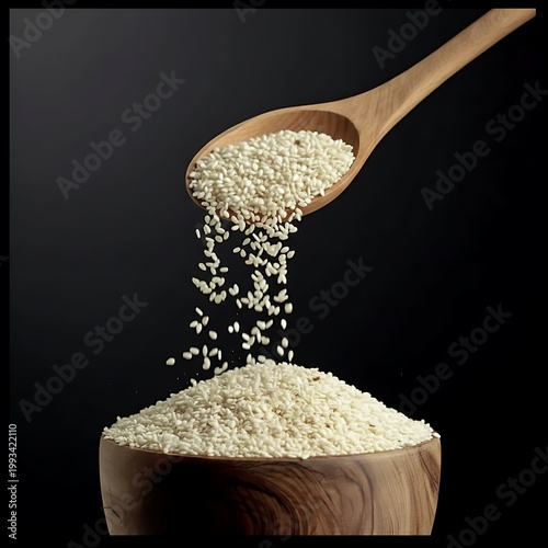 Sesame seeds pouring from wooden spoon into bowl on dark background
