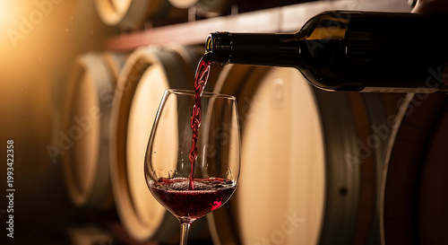 Red wine pouring into glass with oak barrels in background