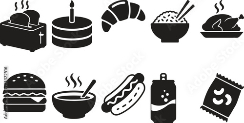 Black and white line of various kitchen utensils and appliances cooking baking