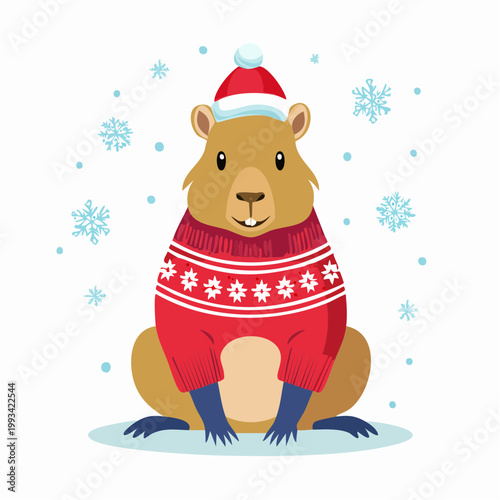 Cute Groundhog Wearing a Sweater and Hat in Snow