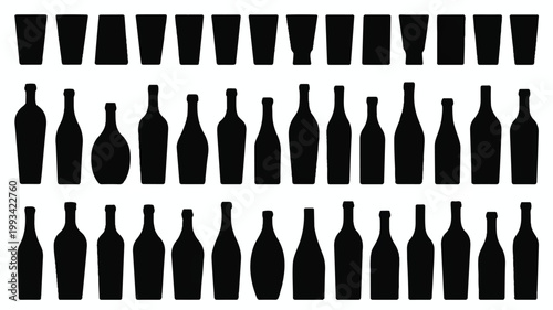 An illustration of various wine bottles and glasses arranged in rows on a table indoors