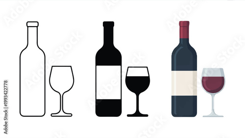 A set of 15 minimalist line art icons depicting wine bottles and glasses