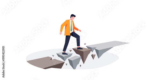 Businessman stepping over broken graph.