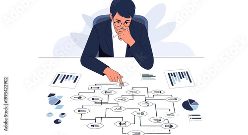 Businessman studying complex workflow diagram.